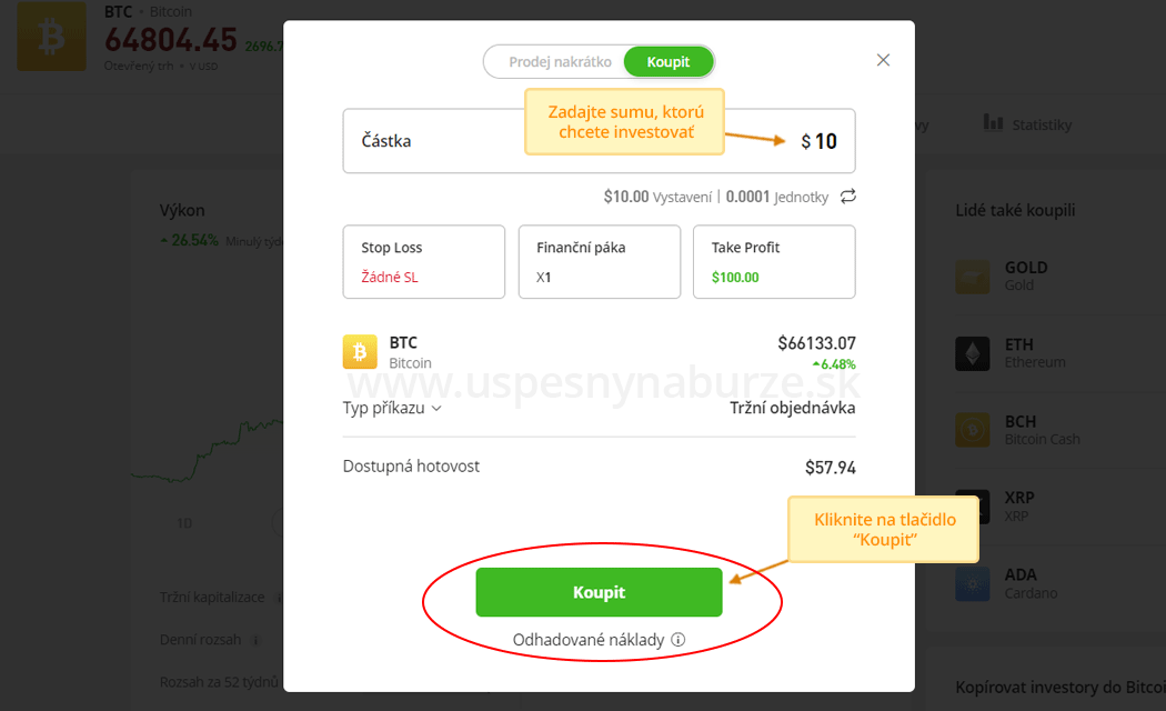 Zadajte sumu a kliknite na tlačidlo kúpiť bitcoin online