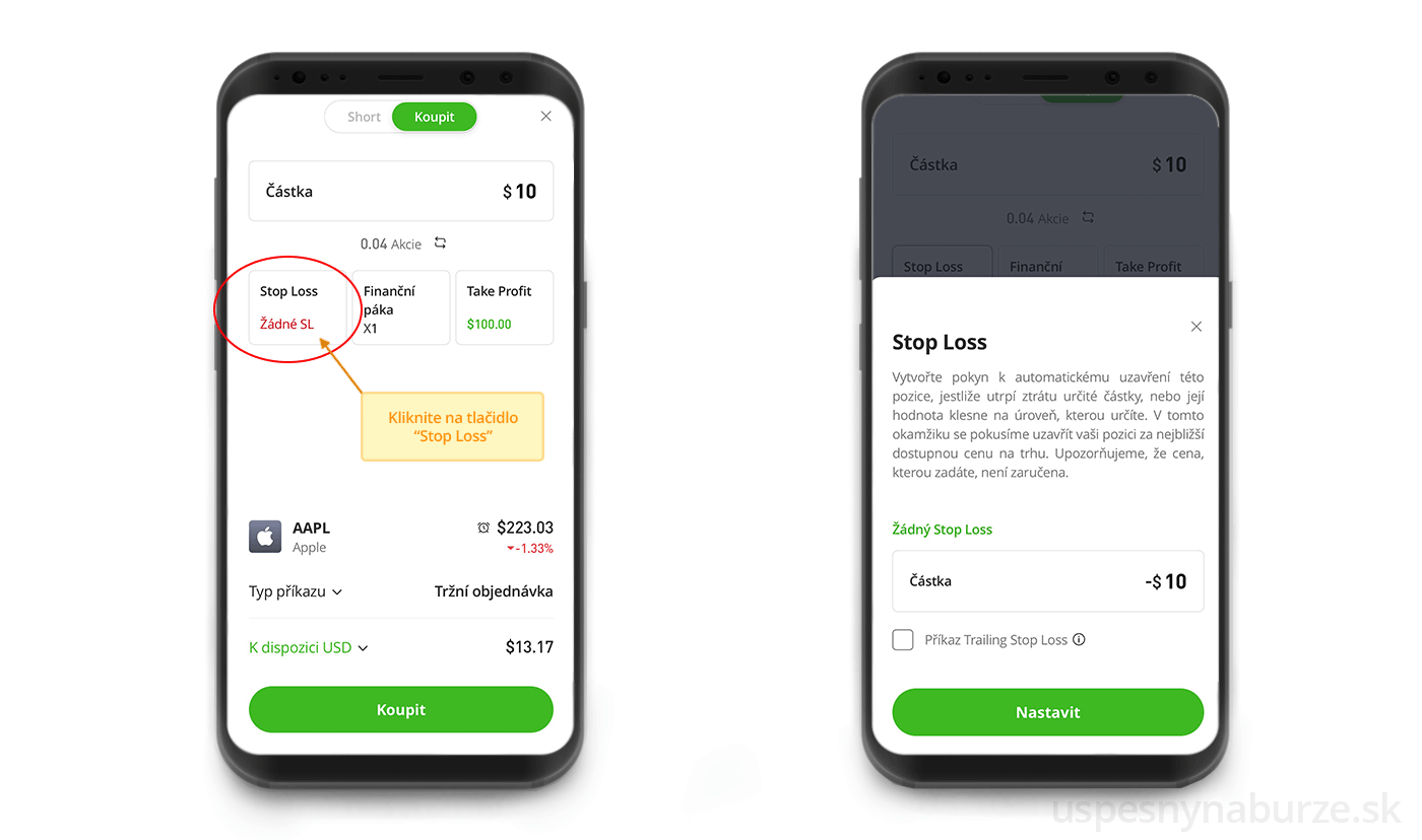 Zadanie Stop Loss pokynu v platforme eToro. Zadanie stop loss pokynu na platforme eToro