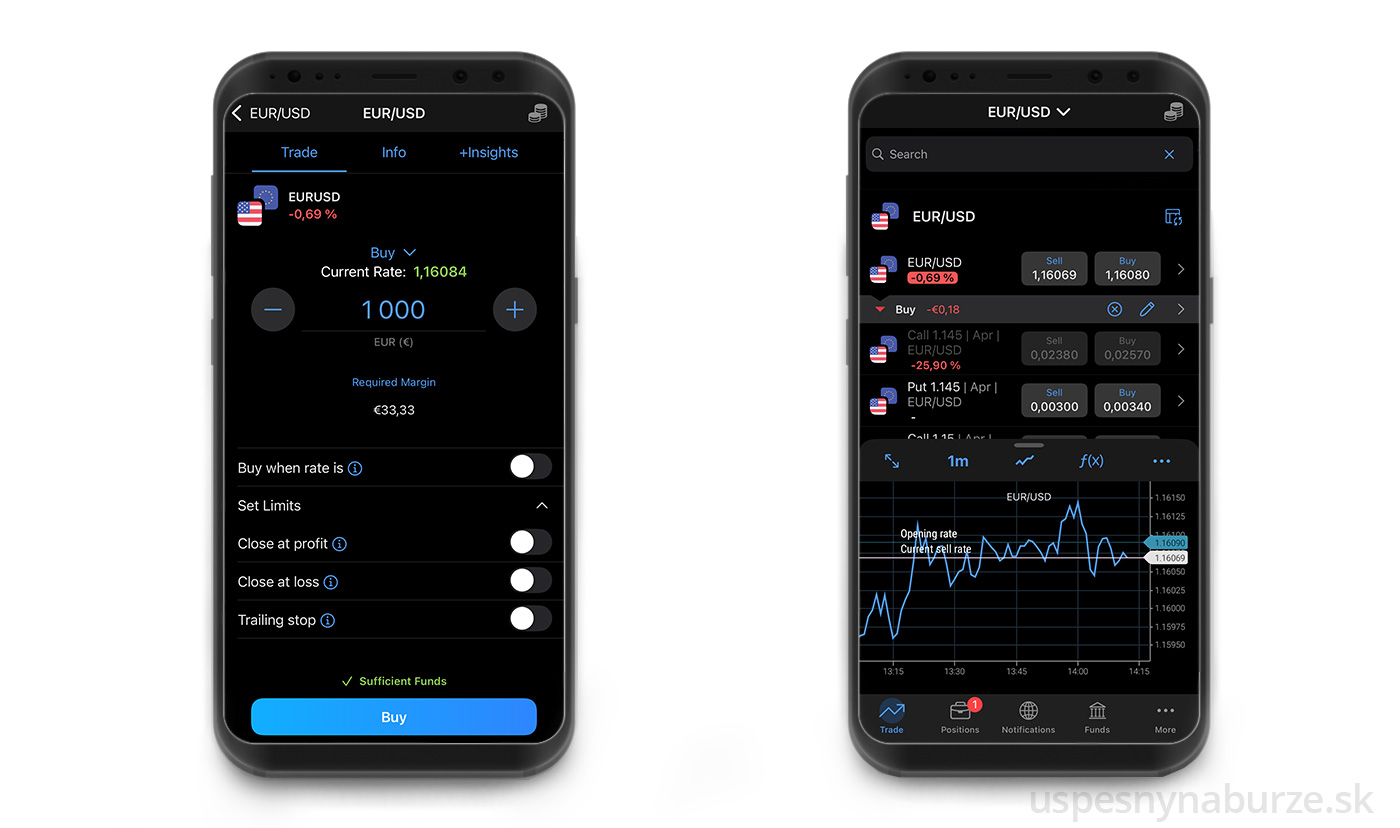 Ukážka zadania obchodu v aplikácii Plus500